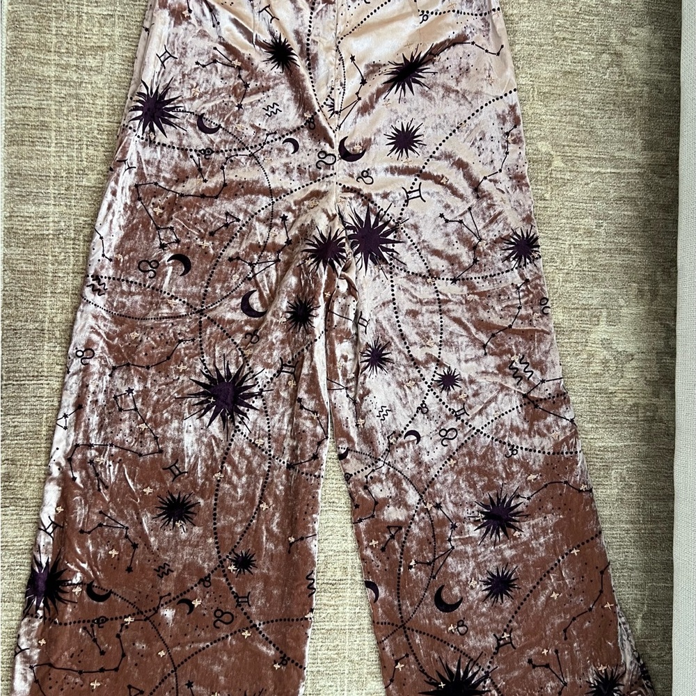 Anthropologie Velvet Celestial Flare Pants in Purple and Cream